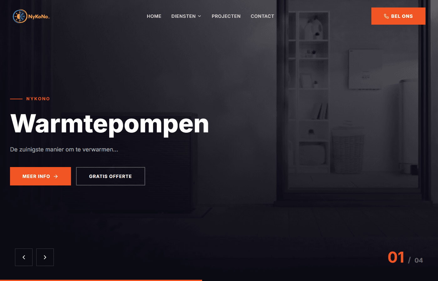 Nykono — Website voor een warmtepompen specialist met dienstenoverzicht, projectgalerij en offerte-aanvraag.